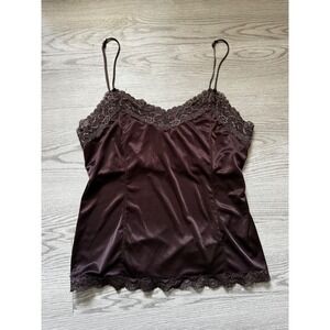 Worthington Brown Satin Camisole Lace Trim V-Neck Adjustable Straps Top Large